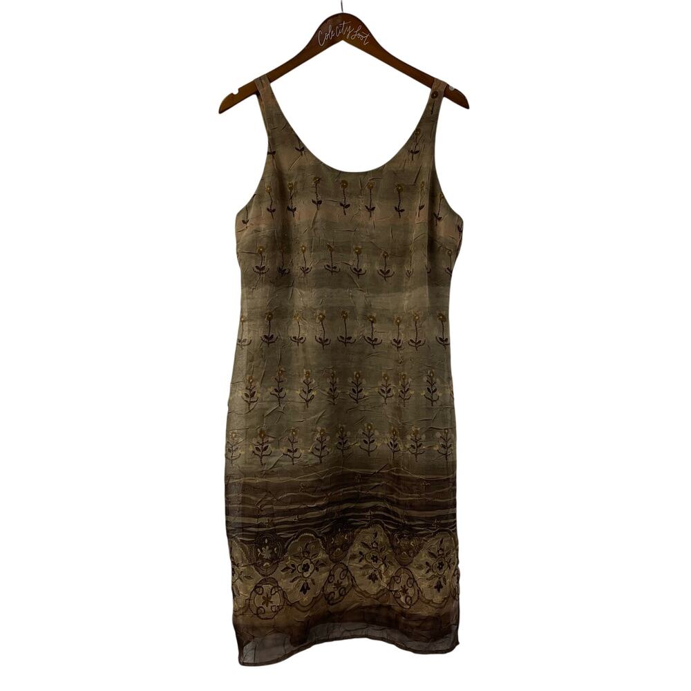 Harlow Dresses Slip Dress Sleeveless Botanical 10 Olive Green Scoop Neck VTG